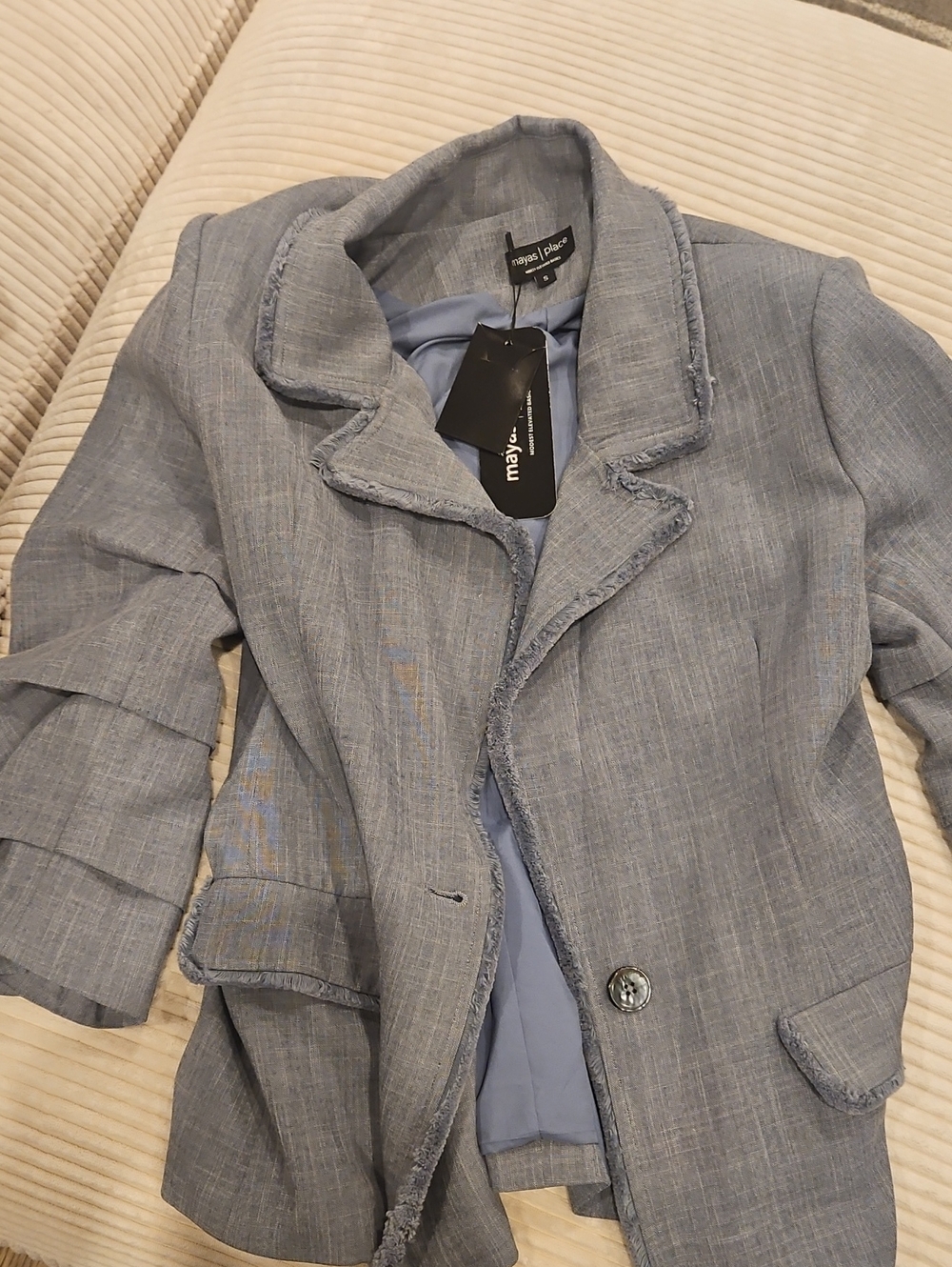 Mayas Place Light Blue Tailored Women's Blazer with Frayed Trim